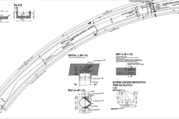 Detailní výkres zakřivené lávky, řezy, detaily osazení smykových trnů a konstrukčních detailů.