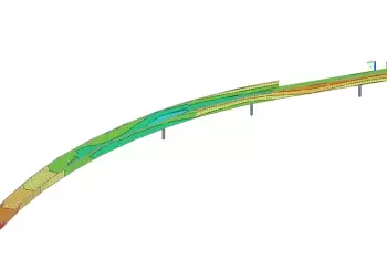 Výpočetní model lávky – zobrazení prostorových deformací při zatížení.